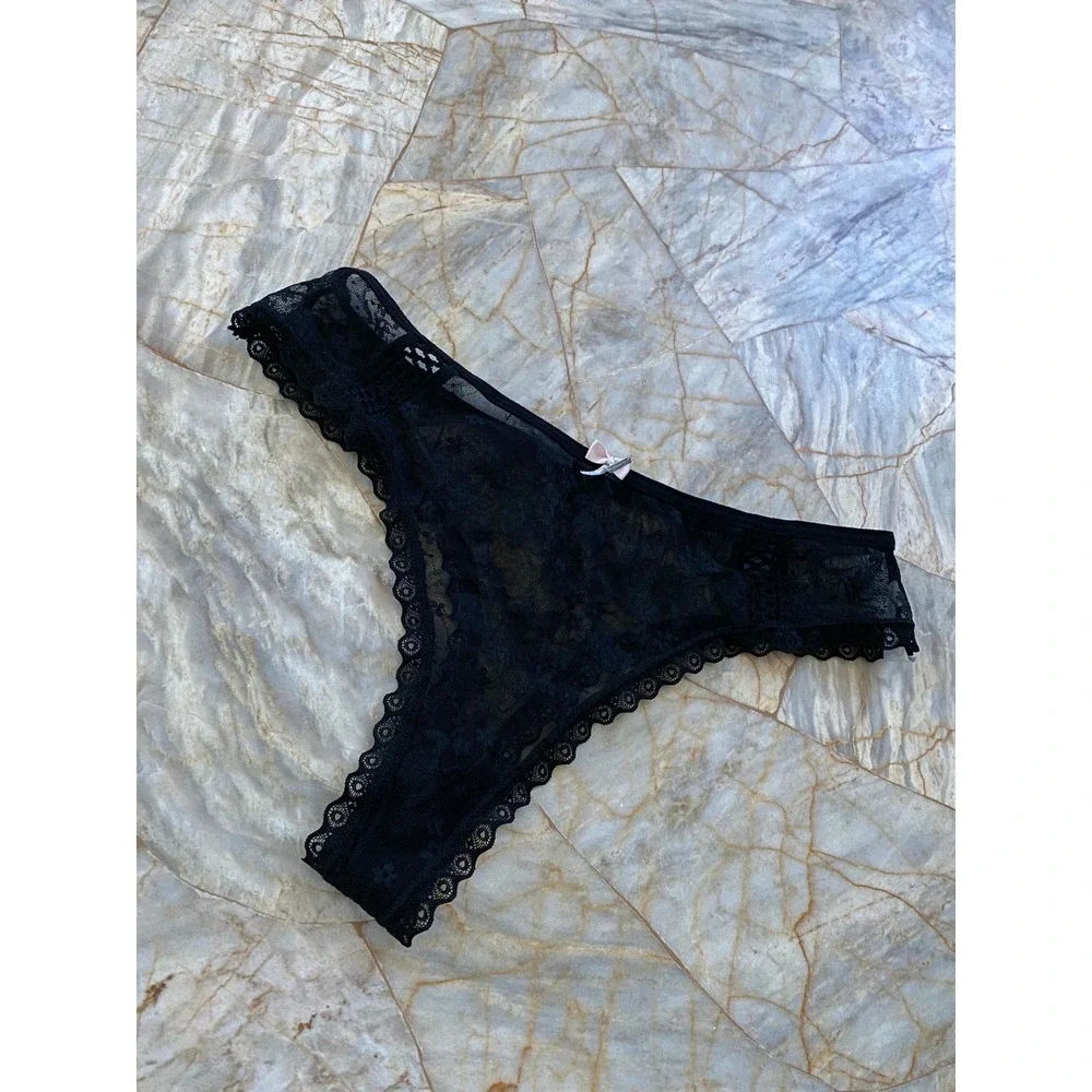 Black Floral Sheer Lace Thong Scalloped Eyelash Trim Pink Bow Low Rise Lingerie